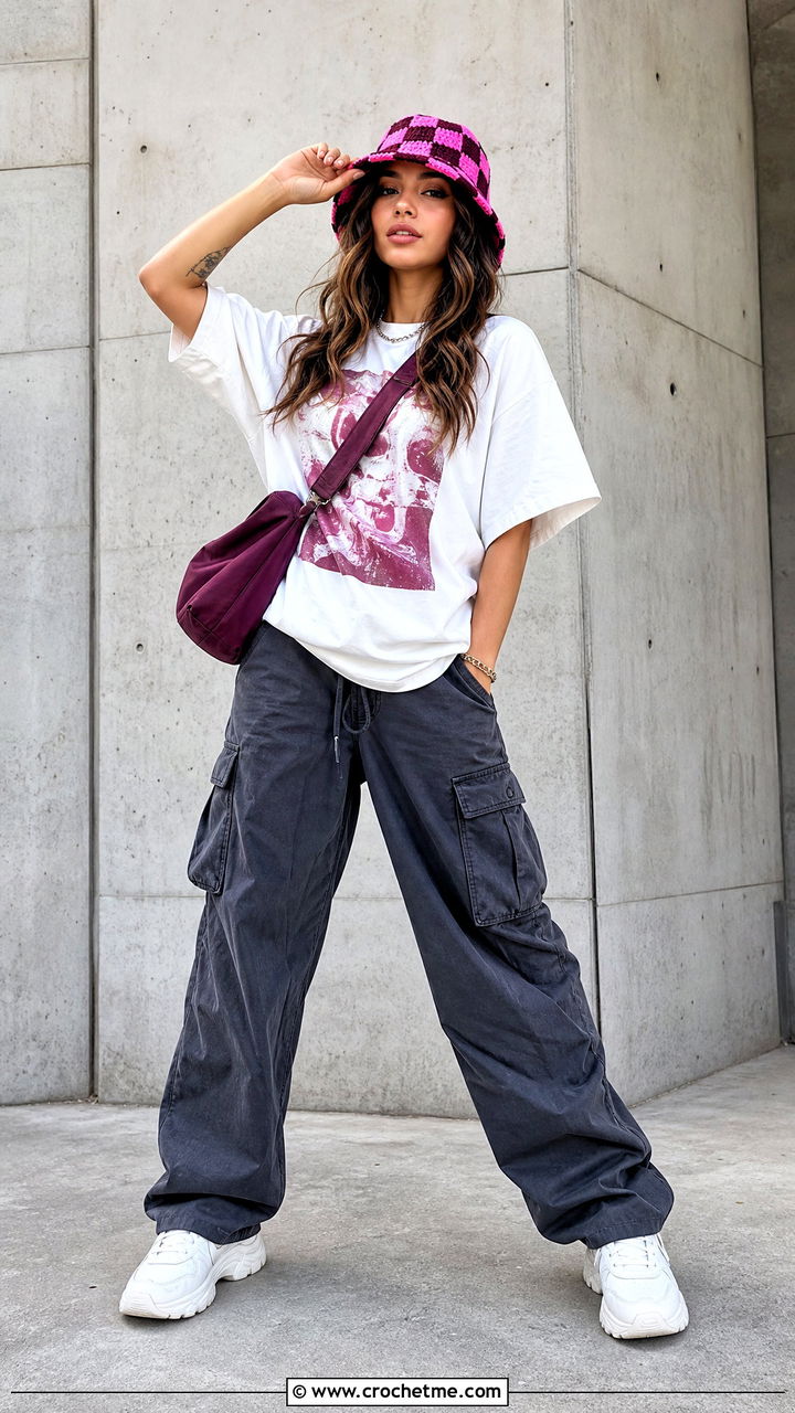 Checkerboard Crochet Bucket Hat With Graphic Tee And Cargo Pants - 35 crochet bucket hats outfit ideas