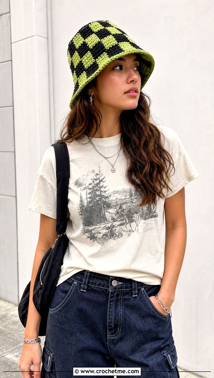 Checkerboard Crochet Bucket Hat With Graphic Tee And Carpenter Jeans - 15 Crochet Beanie Bucket Hat outfit ideas