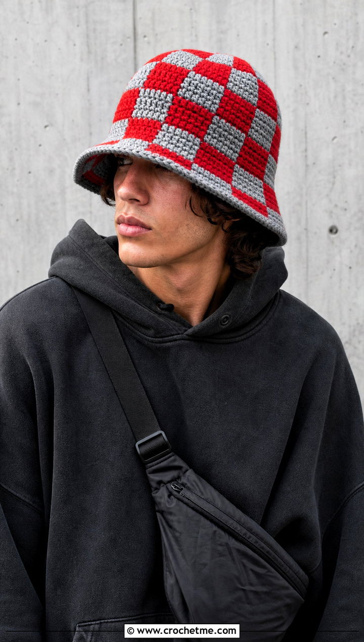 Checkerboard Crochet Bucket Hat With Hoodie And Cargo Pants - 15 men's crochet bucket hat outfit ideas