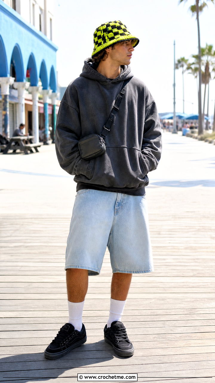 Checkerboard Crochet Bucket Hat With Hoodie - 35 men's crochet hat outfit ideas