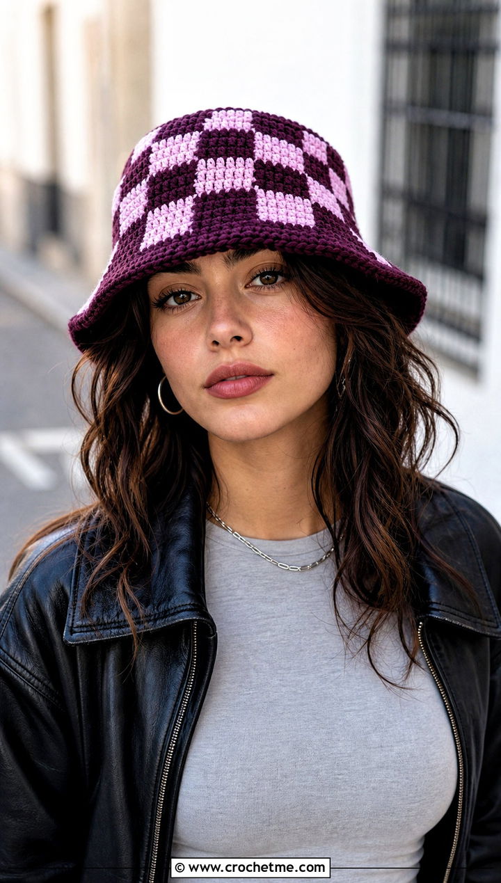 Checkerboard Crochet Bucket Hat With Leather Jacket - 15 crochet trendy bucket hat outfit ideas