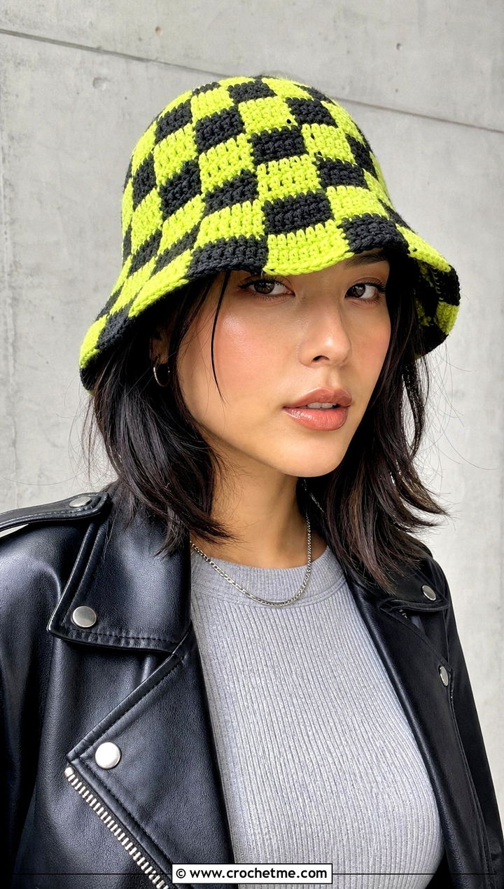 Checkerboard Crochet Bucket Hat With Leather Jacket - 35 crochet winter bucket hat outfit ideas