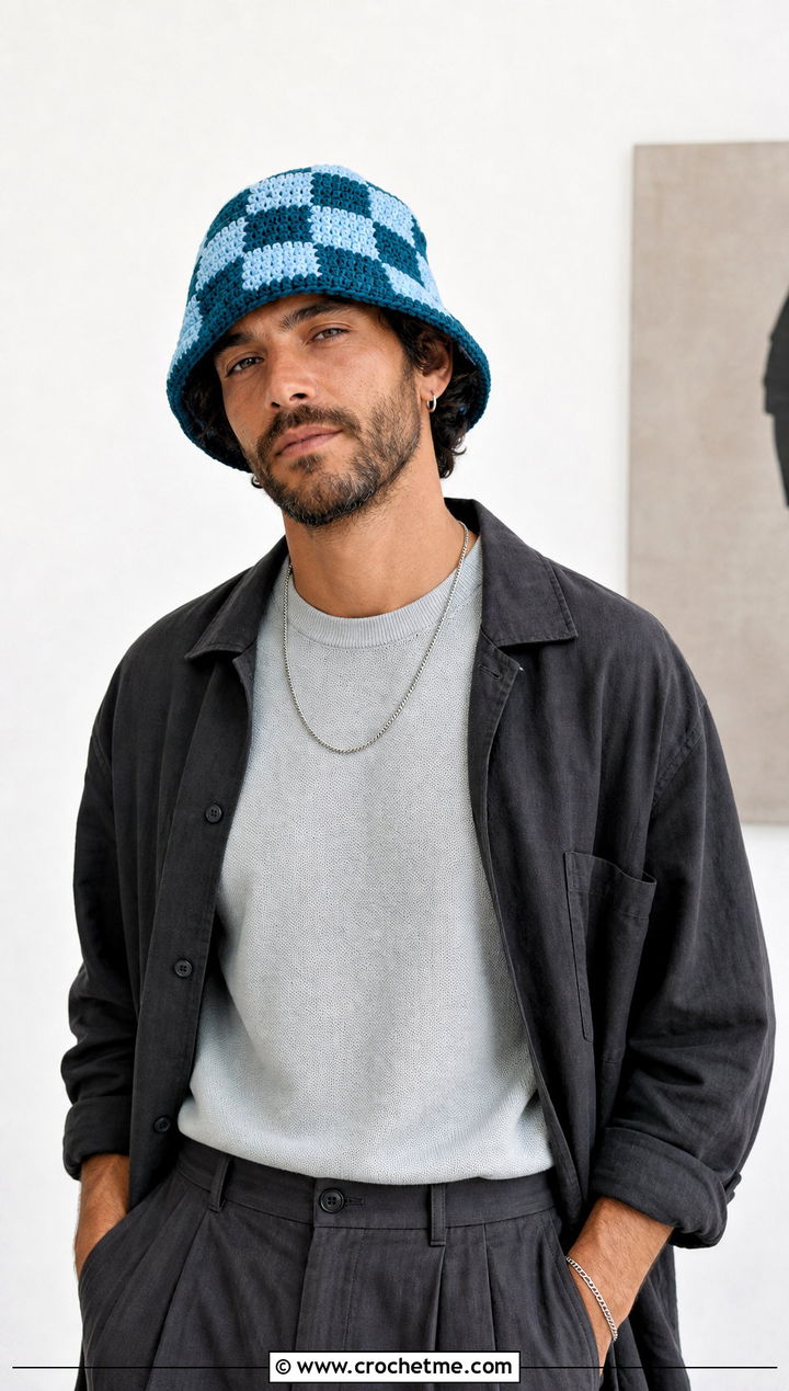 Checkerboard Crochet Bucket Hat With Overshirt And Pleated Trousers - 30 crochet bucket hat men outfit ideas