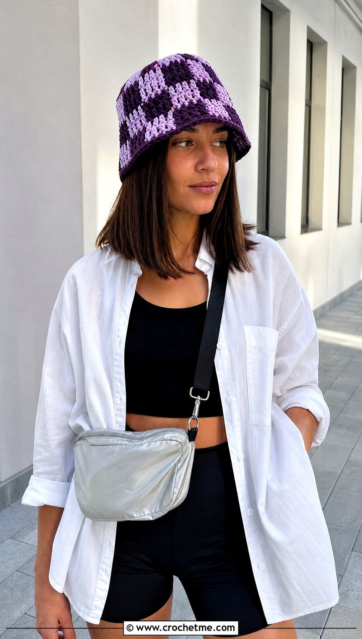 Checkerboard Crochet Bucket Hat With Oversized Shirt And Biker Shorts - 15 Textured Crochet Hat outfit ideas