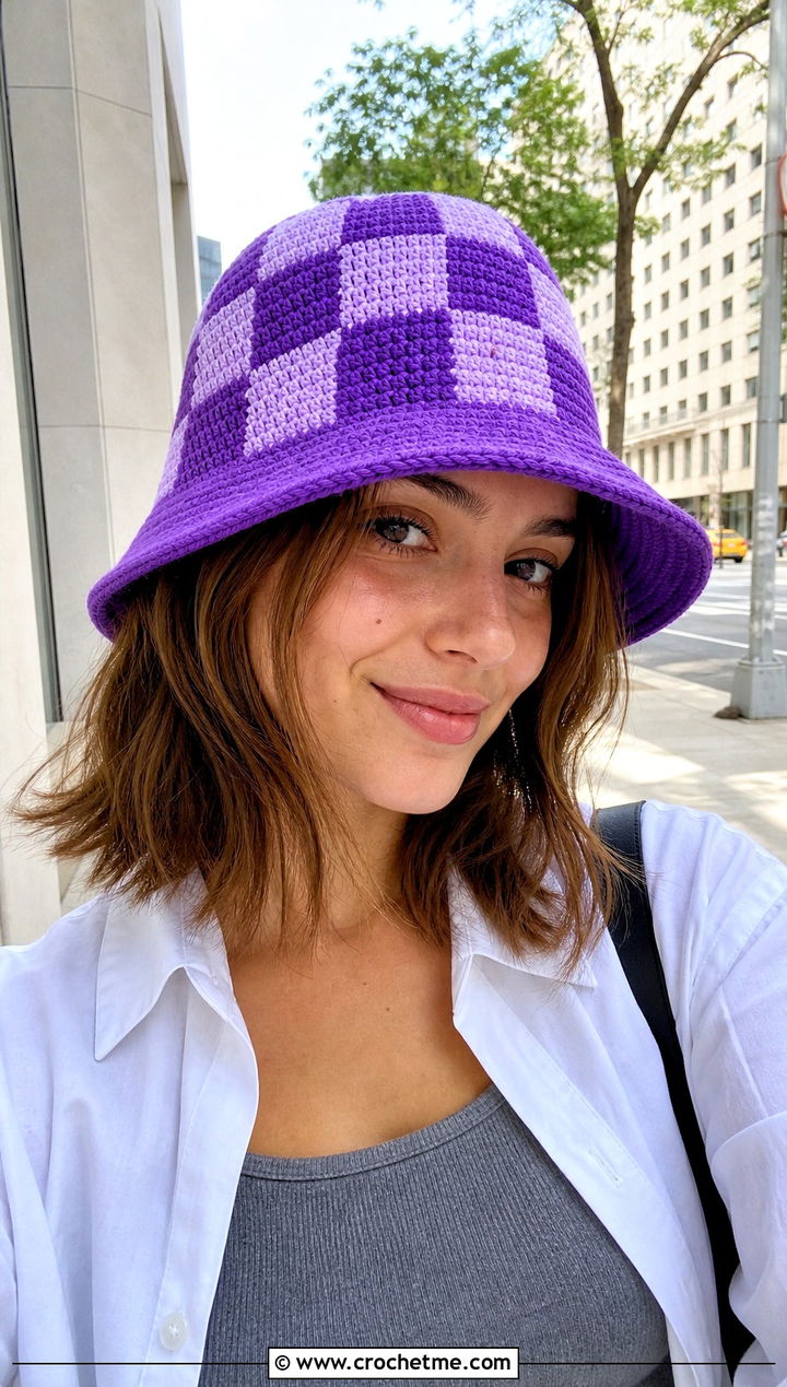 Checkerboard Crochet Bucket Hat With Oversized Shirt And Shorts - 35 women crochet hat outfit ideas