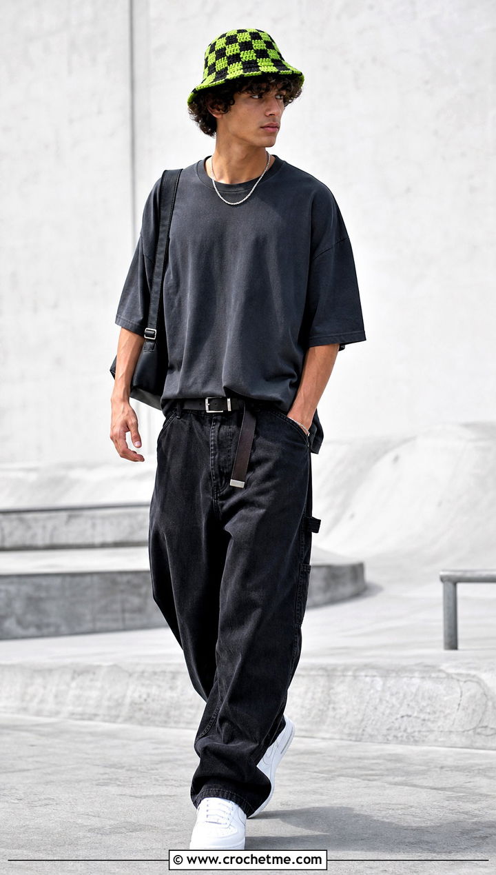 Checkerboard Crochet Bucket Hat With Skate Outfit - 35 men crochet bucket hat outfit ideas