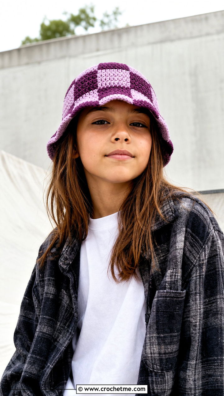 Checkerboard Crochet Bucket Hat With Skate Outfit - 25 crochet childs hat outfit ideas