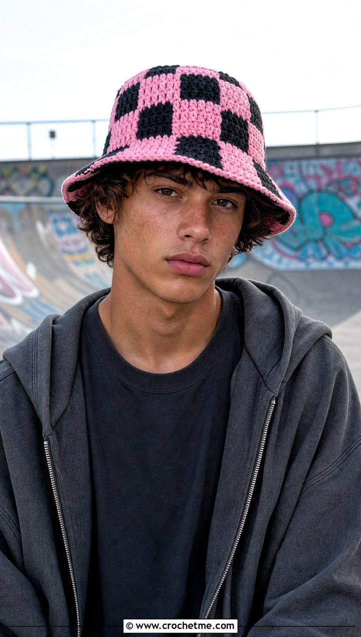 Checkerboard Crochet Bucket Hat With Skatewear - 30 male crochet hat outfit ideas