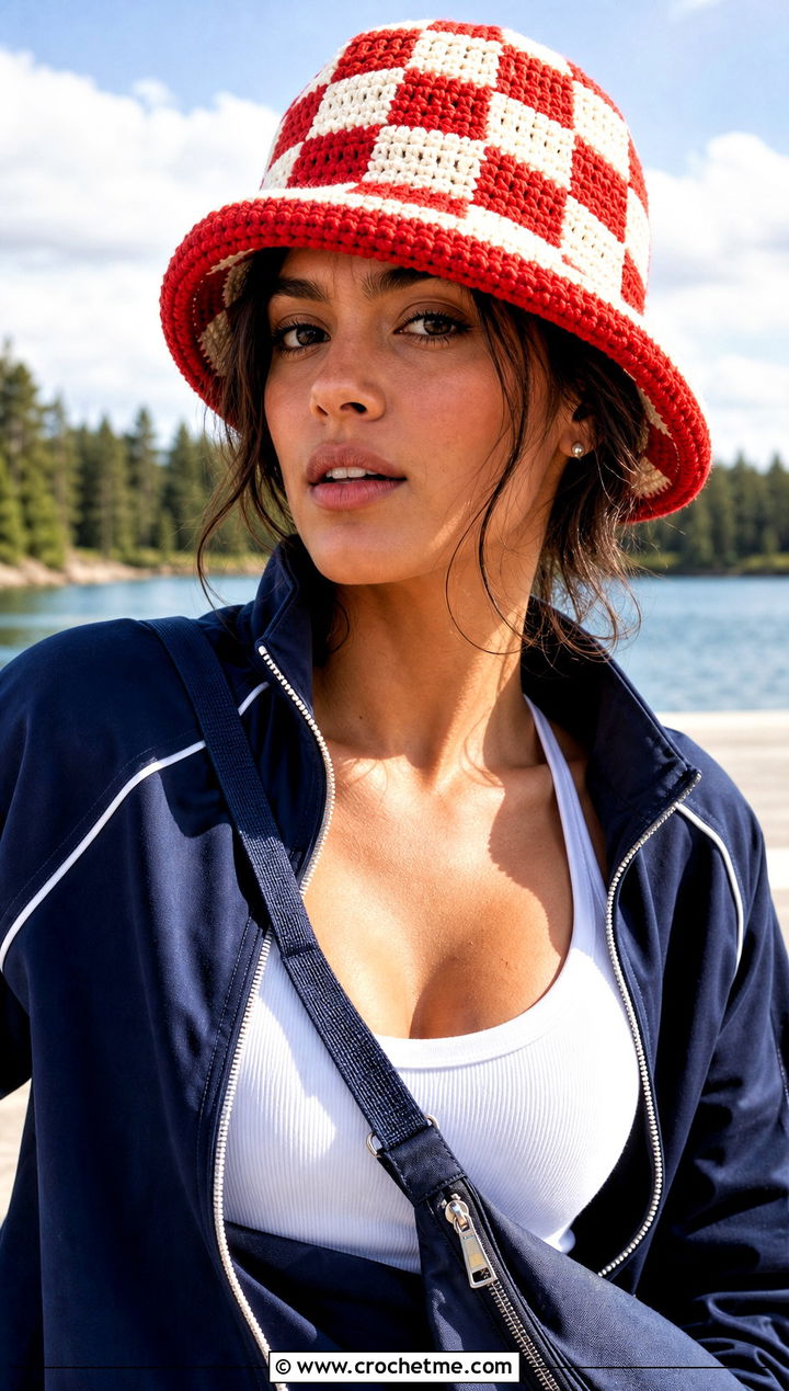 Checkerboard Crochet Bucket Hat With Track Jacket And Joggers - 30 beginner crochet hat outfit ideas
