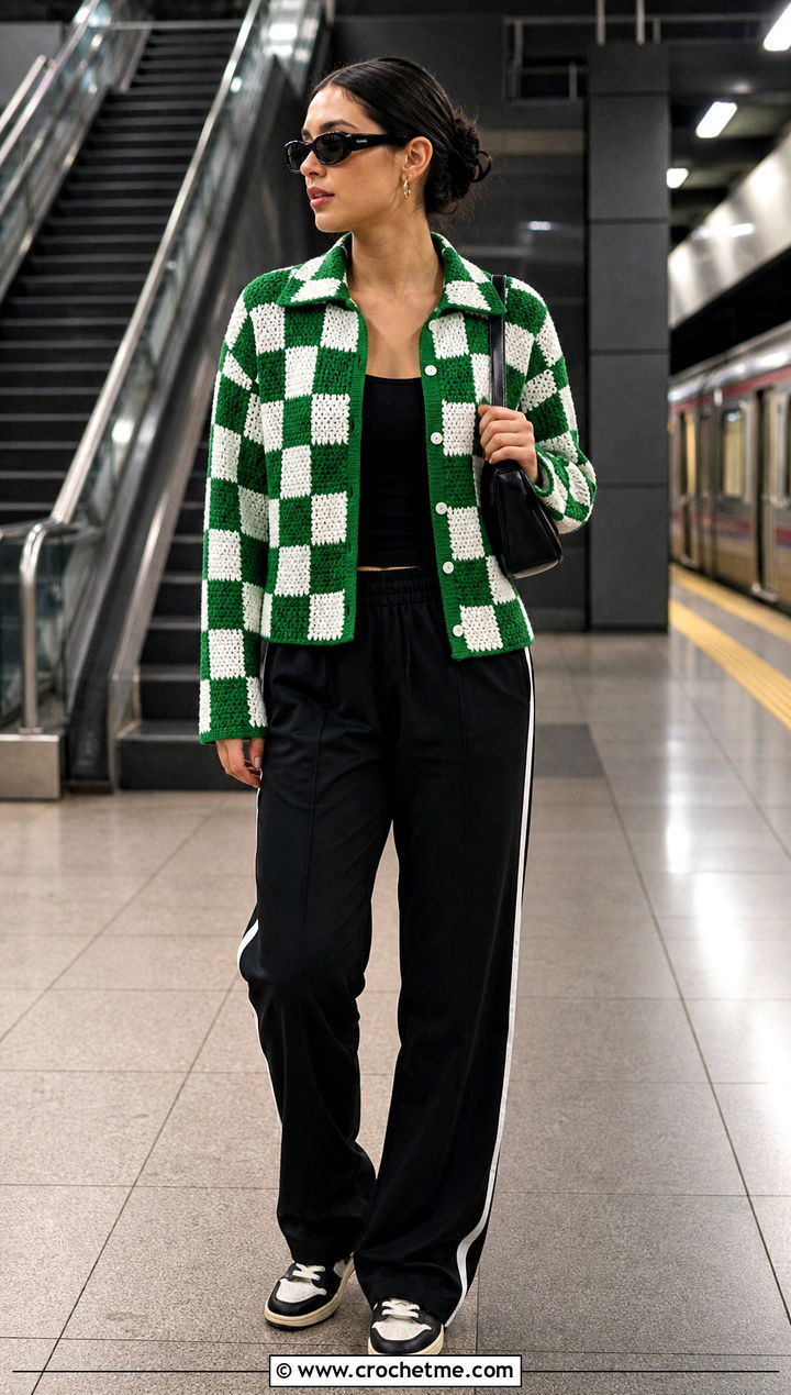 Checkerboard Crochet Button Down Shirt With Track Pants - 30 crochet button down shirt outfit ideas