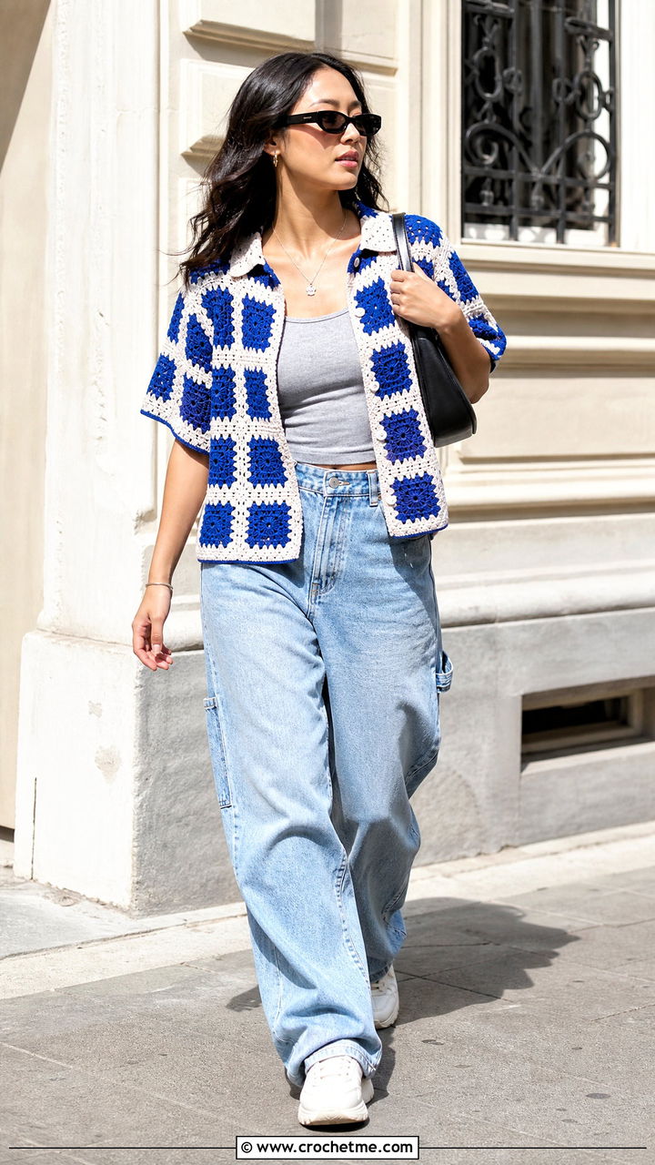 Checkerboard Crochet Button Up Shirt With Carpenter Jeans - 35 crochet button up shirt outfit ideas