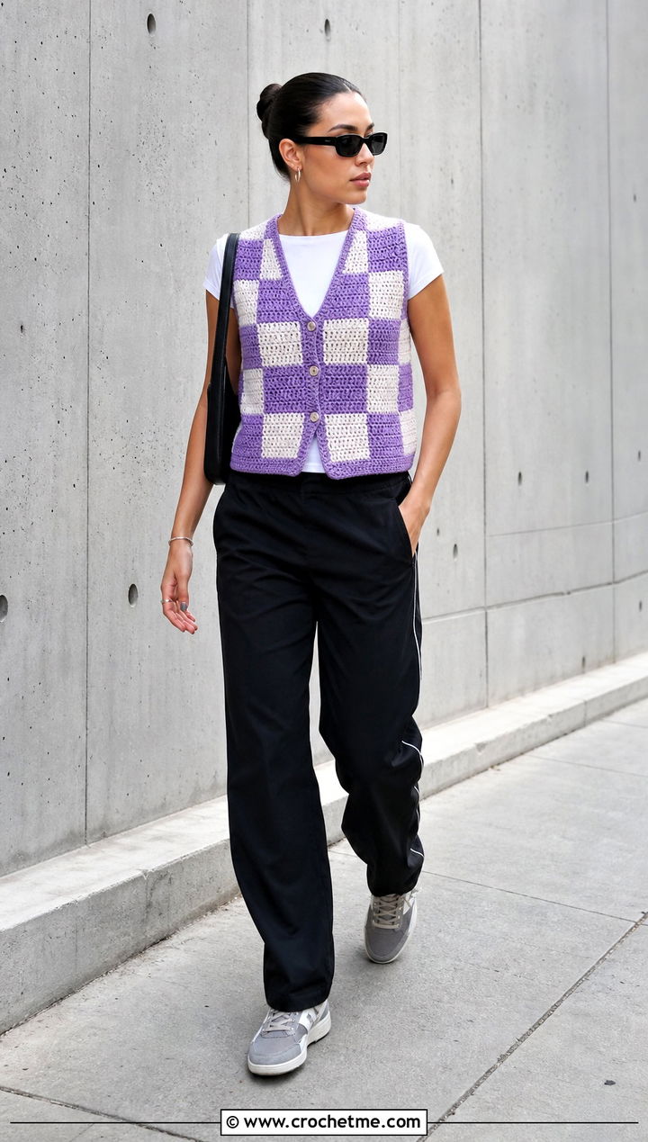 Checkerboard Crochet Button Up Vest With Track Pants - 25 Crochet Button Up Vest outfit ideas