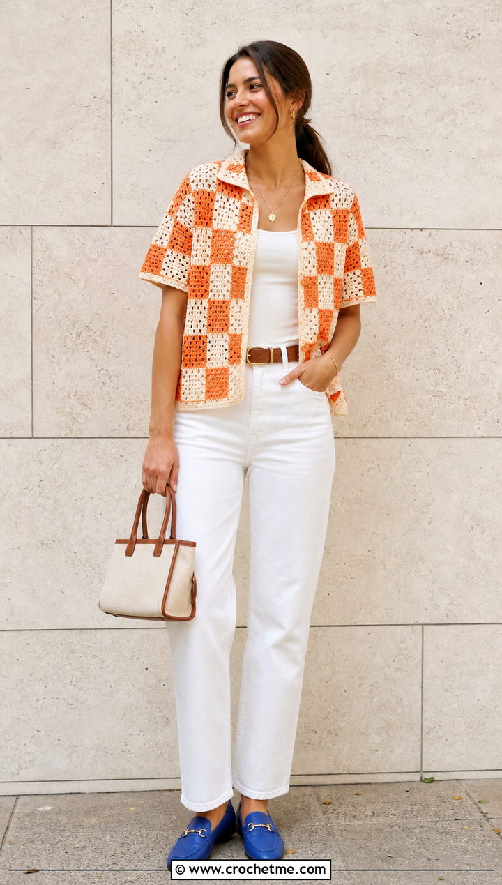 Checkerboard Crochet Button Up With White Jeans - 15 crochet short sleeve shirt outfit ideas