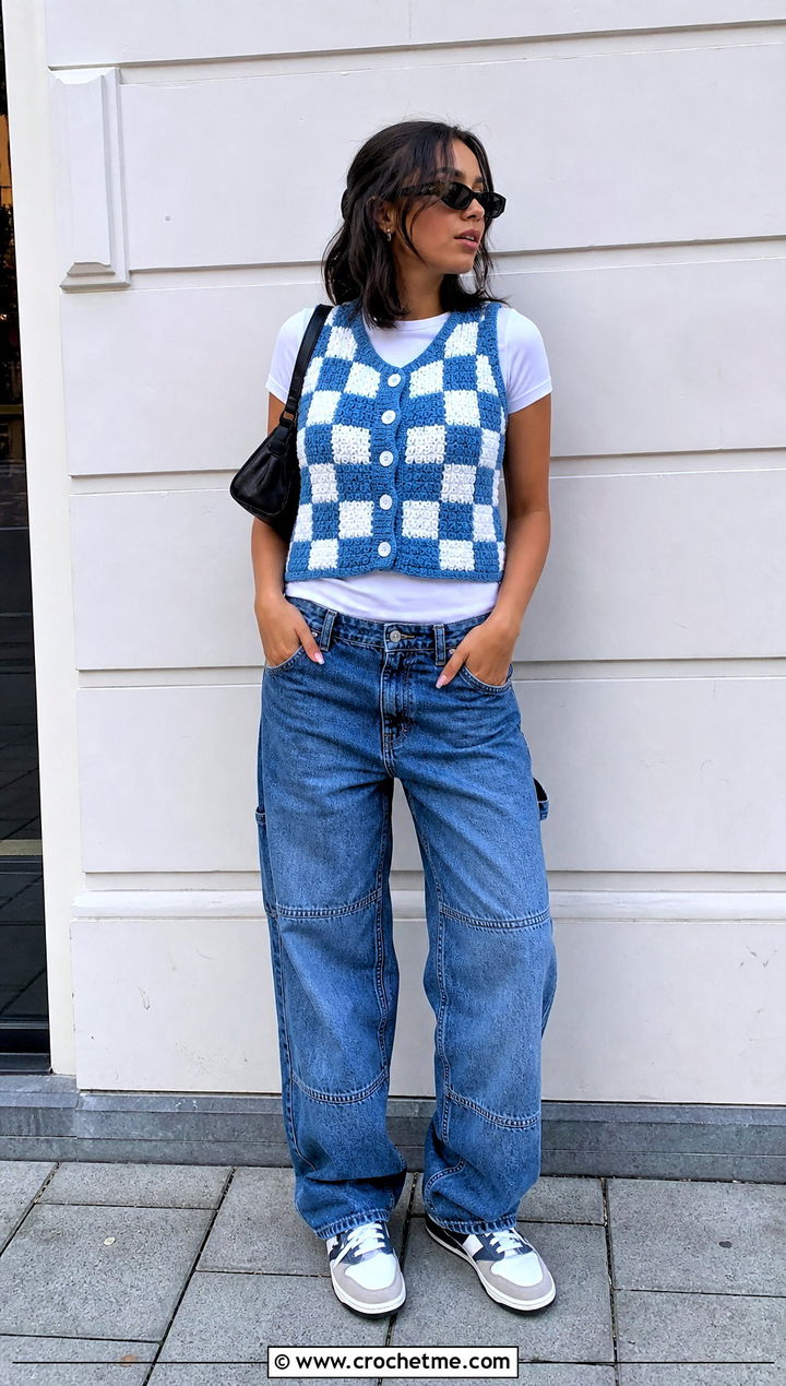 Checkerboard Crochet Button Vest With Carpenter Jeans - 35 crochet button vest outfit ideas