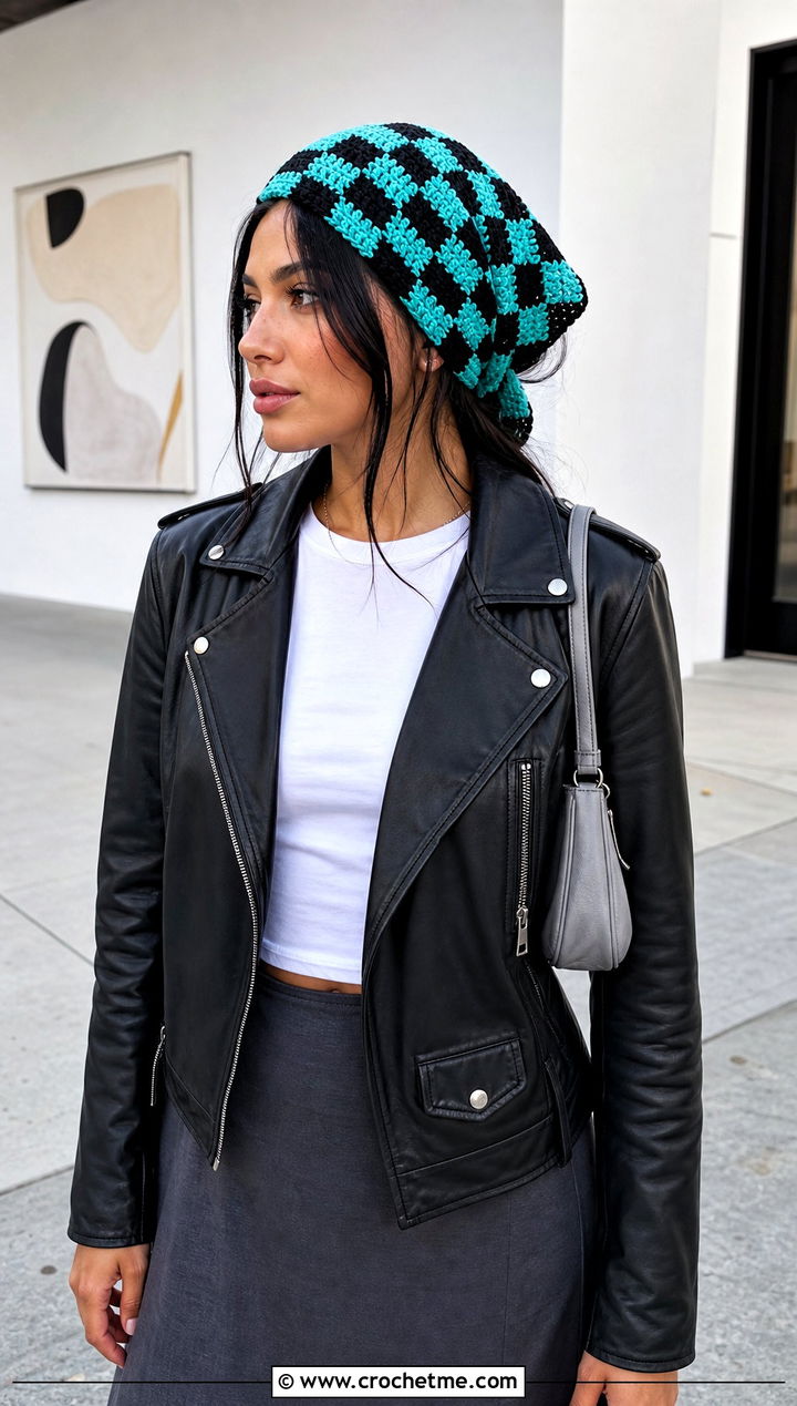 Checkerboard Crochet Cap Scarf With Leather Jacket - 25 Crochet Cap Scarf outfit ideas