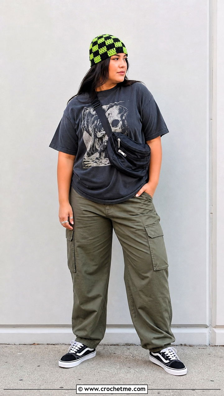 Checkerboard Crochet Cap With Graphic Tee And Cargo Pants - 35 crochet tiny hat outfit ideas