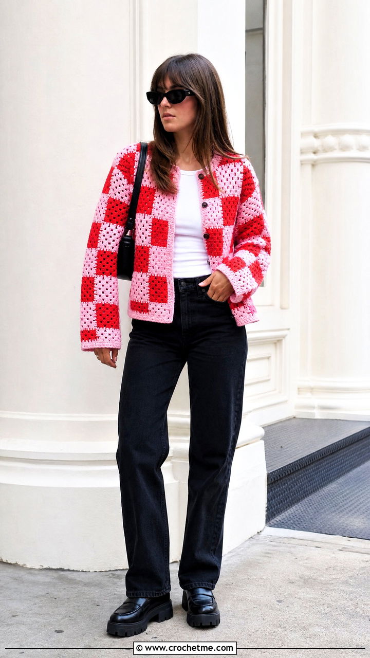 Checkerboard Crochet Cardigan With Black Denim - 35 cute crochet cardigan outfit ideas