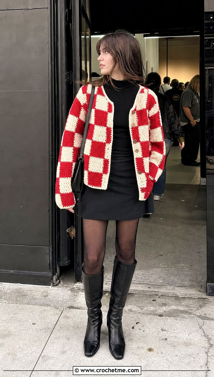 Checkerboard Crochet Cardigan With Black Mini Skirt - 25 Bulky Crochet Cardigan outfit ideas