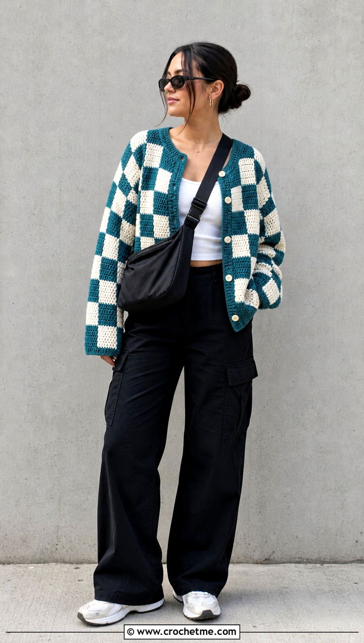 Checkerboard Crochet Cardigan With Cargo Pants - 30 two color crochet cardigan outfit ideas