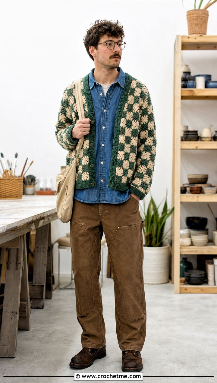 Checkerboard Crochet Cardigan With Carpenter Pants - 35 mens crochet cardigan outfit ideas