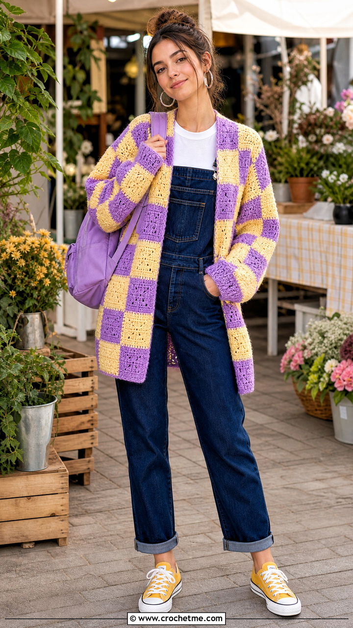 Checkerboard Crochet Cardigan With Denim Overalls - 35 oversized crochet cardigan outfit ideas