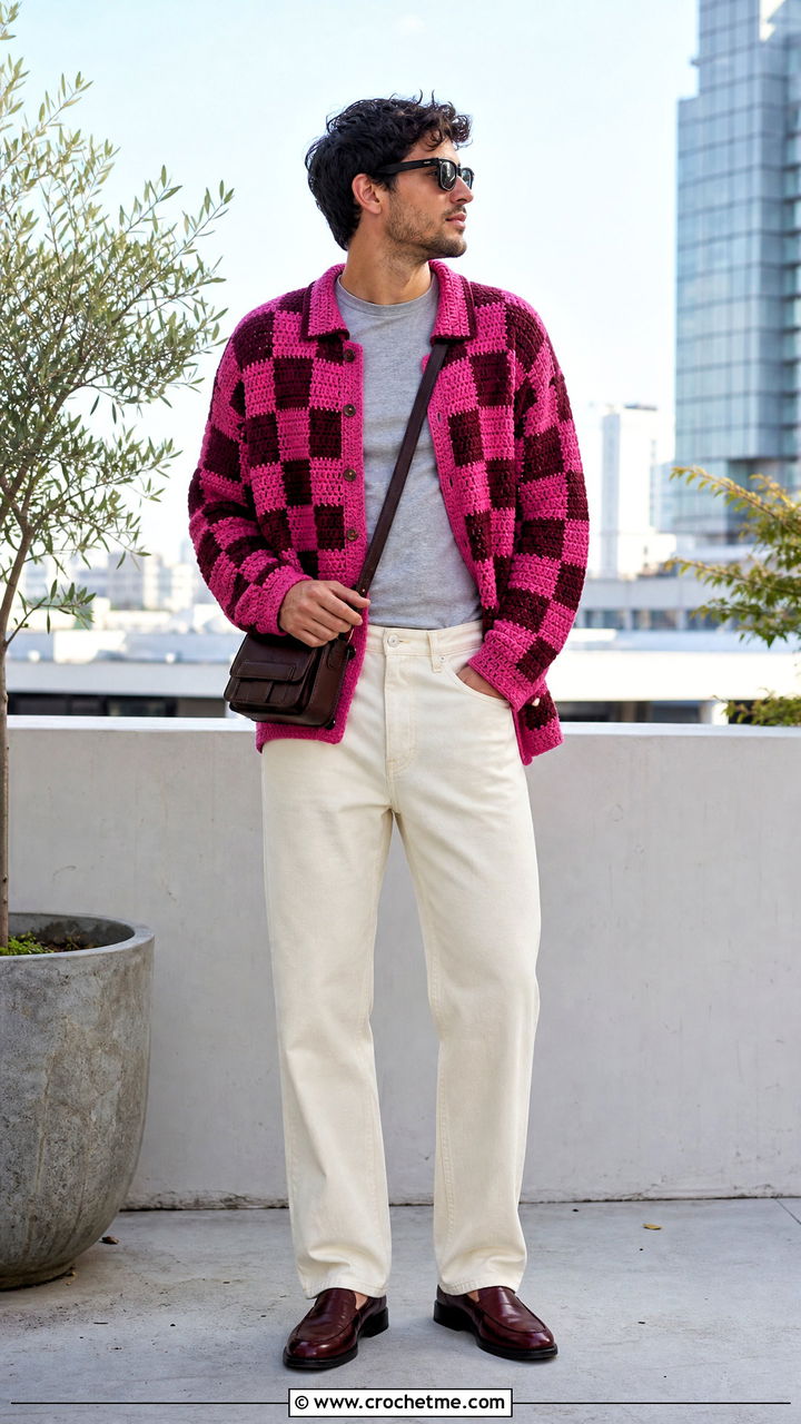 Checkerboard Crochet Cardigan With White Jeans - 35 crochet cardigan men outfit ideas