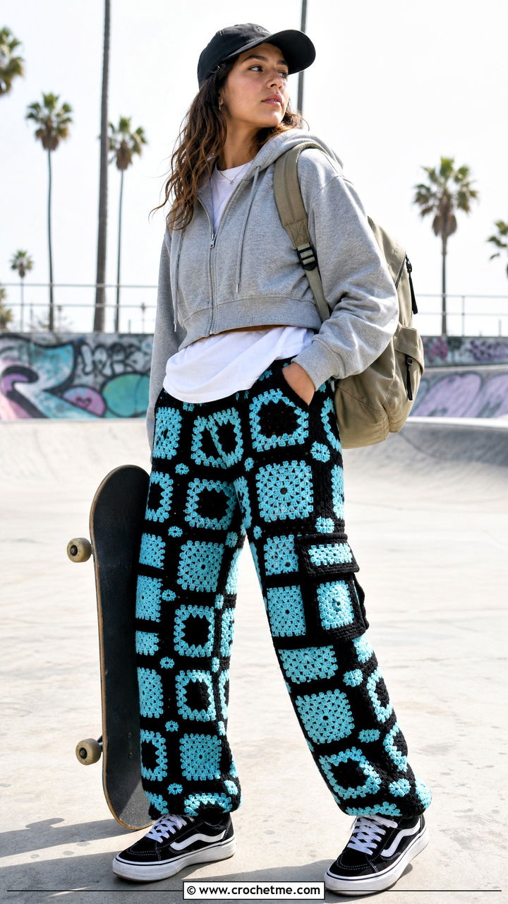 Checkerboard Crochet Cargo Pants With Hoodie - 35 crochet cargo pants outfit ideas