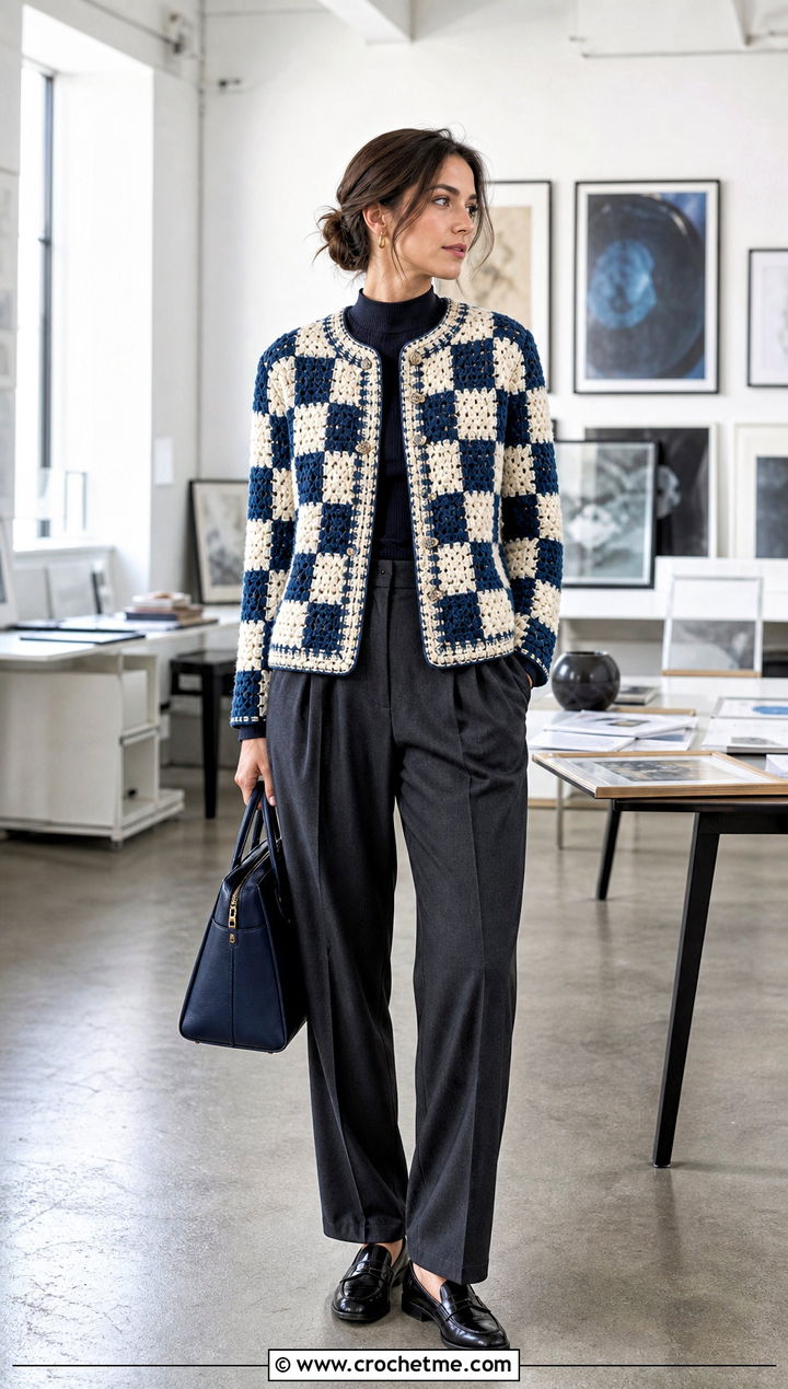 Checkerboard Crochet Chanel Jacket With Pleated Trousers - 30 crochet chanel jacket outfit ideas