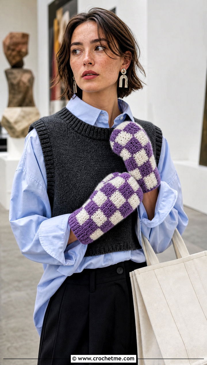 Checkerboard Crochet Chunky Mittens With Artist Outfit - 30 crochet chunky mittens outfit ideas