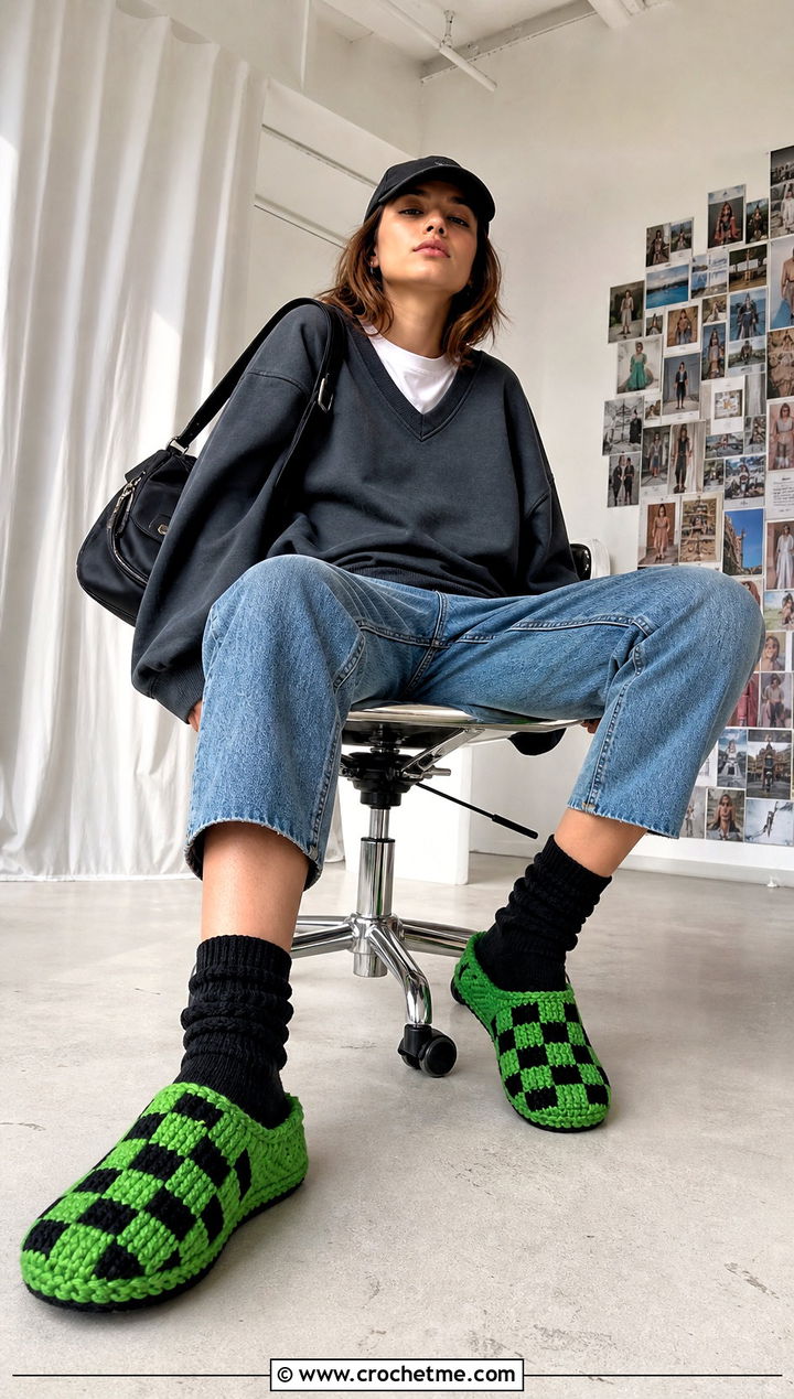 Checkerboard Crochet Clog Slippers With a Sweatshirt and Jeans - 15 crochet-knit clog slippers outfit ideas
