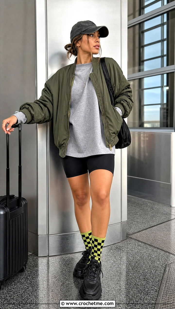 Checkerboard Crochet Crew Socks With Bike Shorts - 35 crochet sock outfit ideas