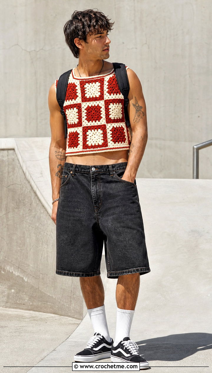 Checkerboard Crochet Crop Top With Skater Shorts - 25 Men Crochet Crop Top outfit ideas