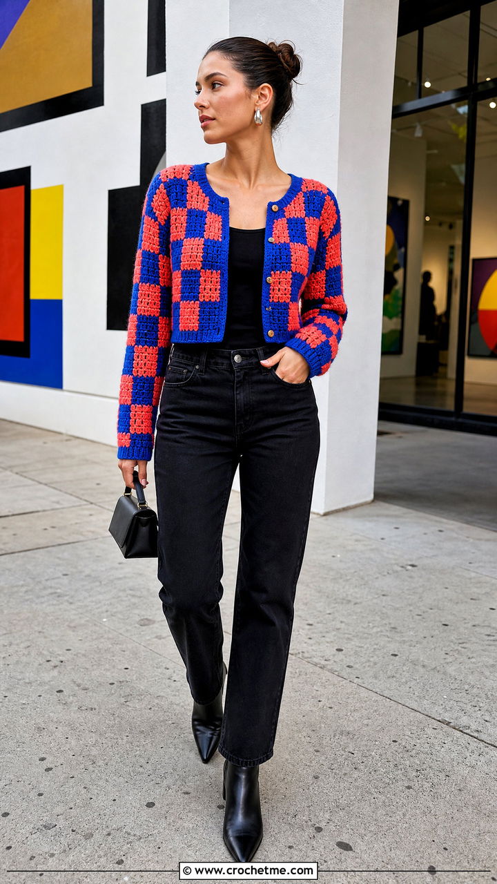 Checkerboard Crochet Cropped Cardigan With Black Denim - 35 crochet cropped cardigan outfit ideas