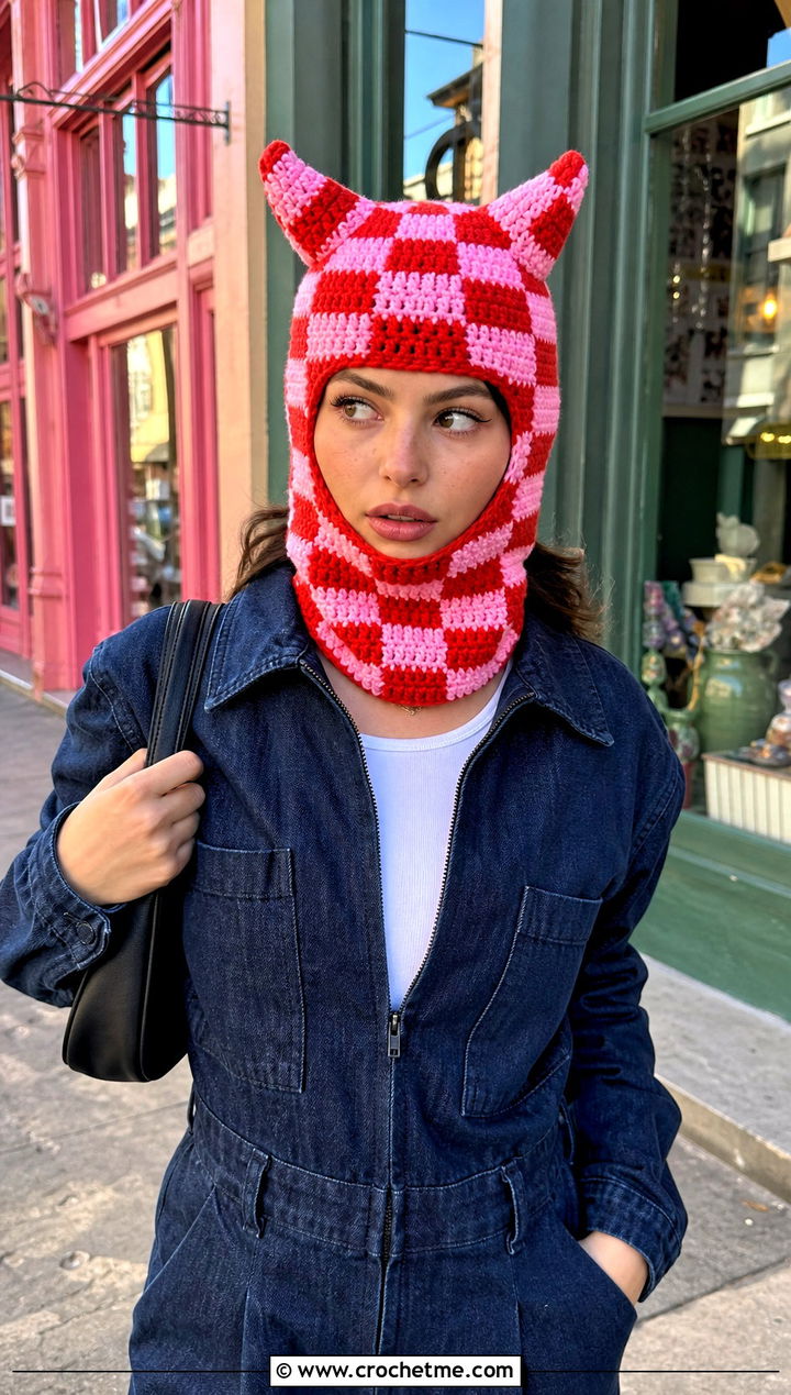 Checkerboard Crochet Devil Horn Balaclava With Denim Boiler Suit - 20 crochet devil horn balaclava outfit ideas