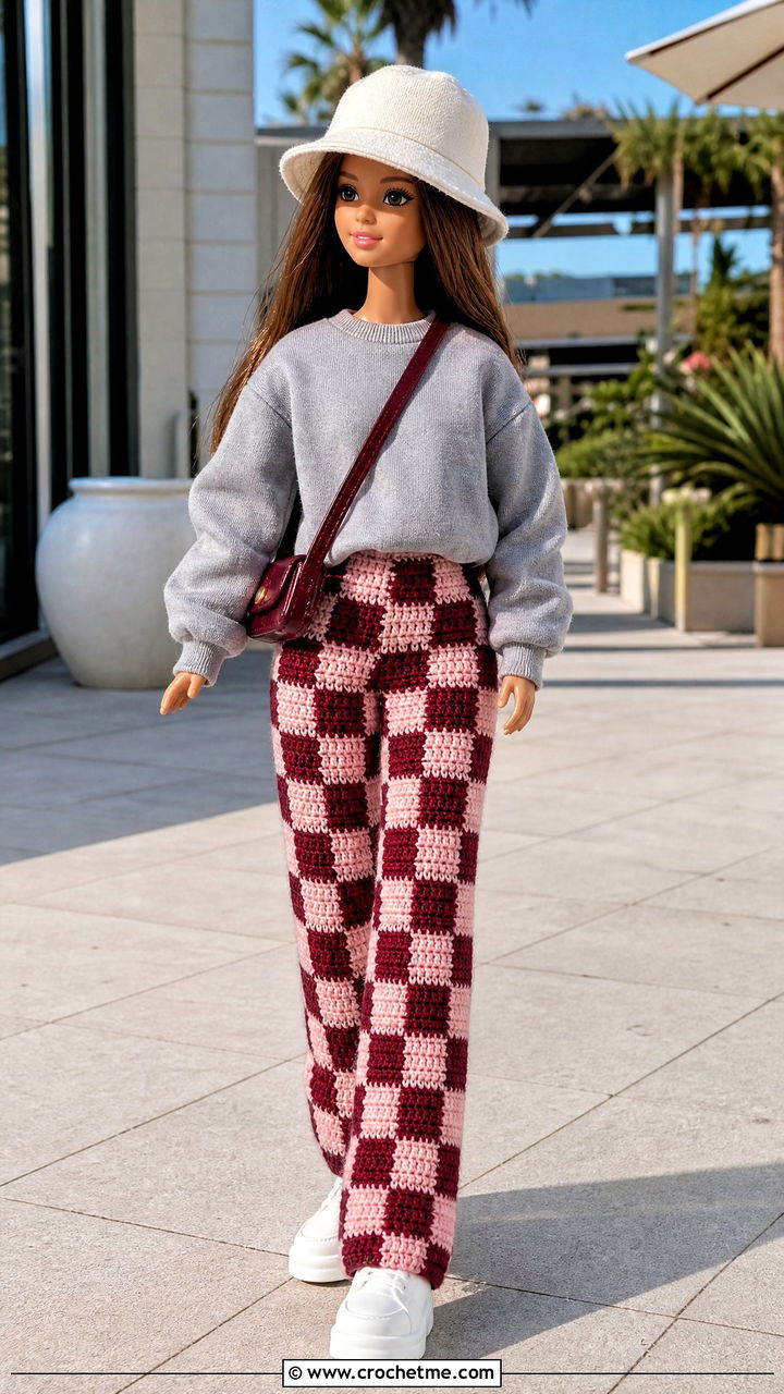 Checkerboard Crochet Doll Pants With Plain Sweatshirt - 35 crochet doll pants outfit ideas
