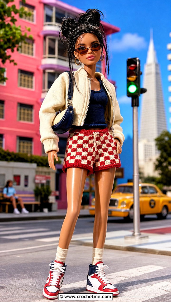 Checkerboard Crochet Doll Shorts With Bomber Jacket - 30 crochet doll shorts outfit ideas