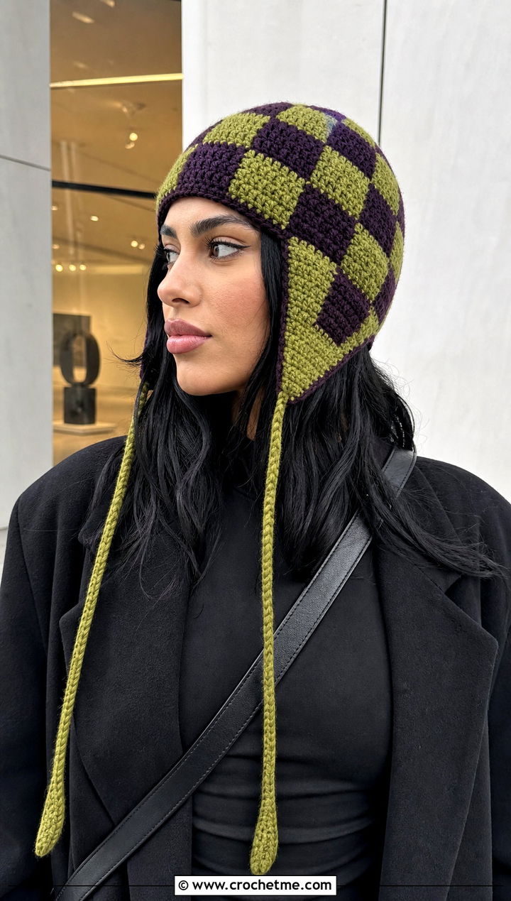 Checkerboard Crochet Ear Flap Hat With Monochrome Outfit - 30 crochet adult ear flap hat outfit ideas