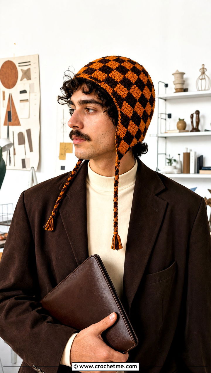 Checkerboard Crochet Earflap Hat With Blazer - 15 Mens Crochet Hat With Earflaps outfit ideas