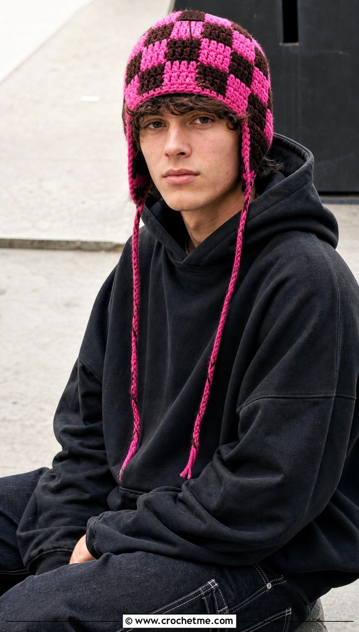 Checkerboard Crochet Earflap Hat With Oversized Hoodie - 20 Mens Crochet Earflap Hat outfit ideas