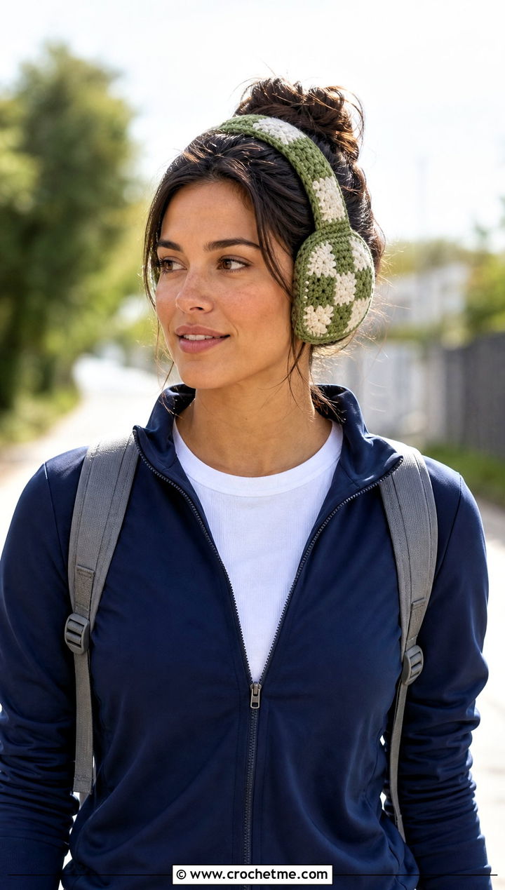 Checkerboard Crochet Earmuffs Headband With Track Jacket - 25 Crochet Earmuffs Headband outfit ideas