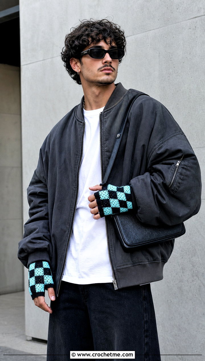 Checkerboard Crochet Fingerless Gloves With Streetwear - 25 Crochet Mens Gloves outfit ideas