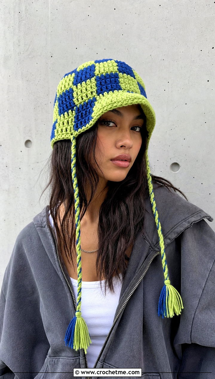 Checkerboard Crochet Flap Hat With Hoodie - 30 crochet flap hat outfit ideas