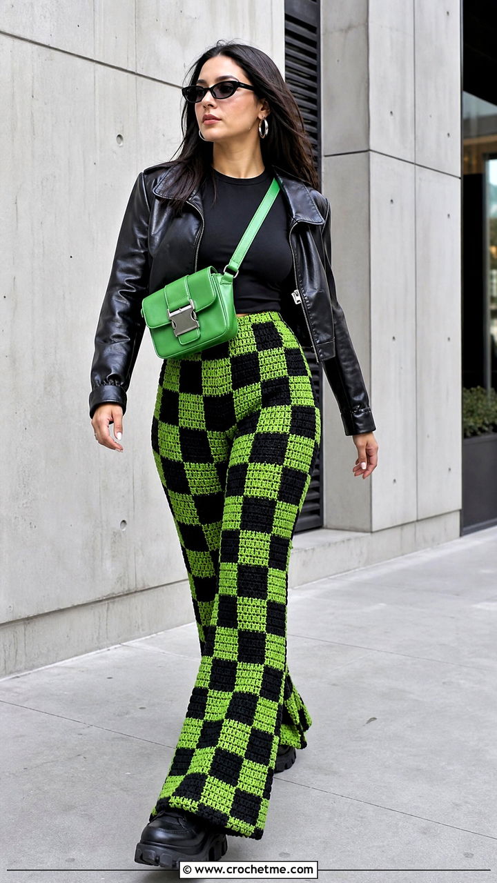 Checkerboard Crochet Flare Pants With Leather Jacket - 35 crochet flare pants outfit ideas