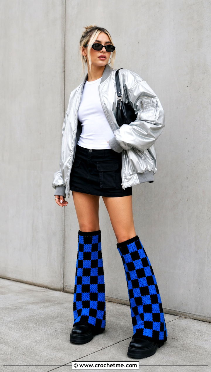 Checkerboard Crochet Flared Leg Warmers With Bomber Jacket - 30 Crochet Flared Leg Warmers outfit ideas