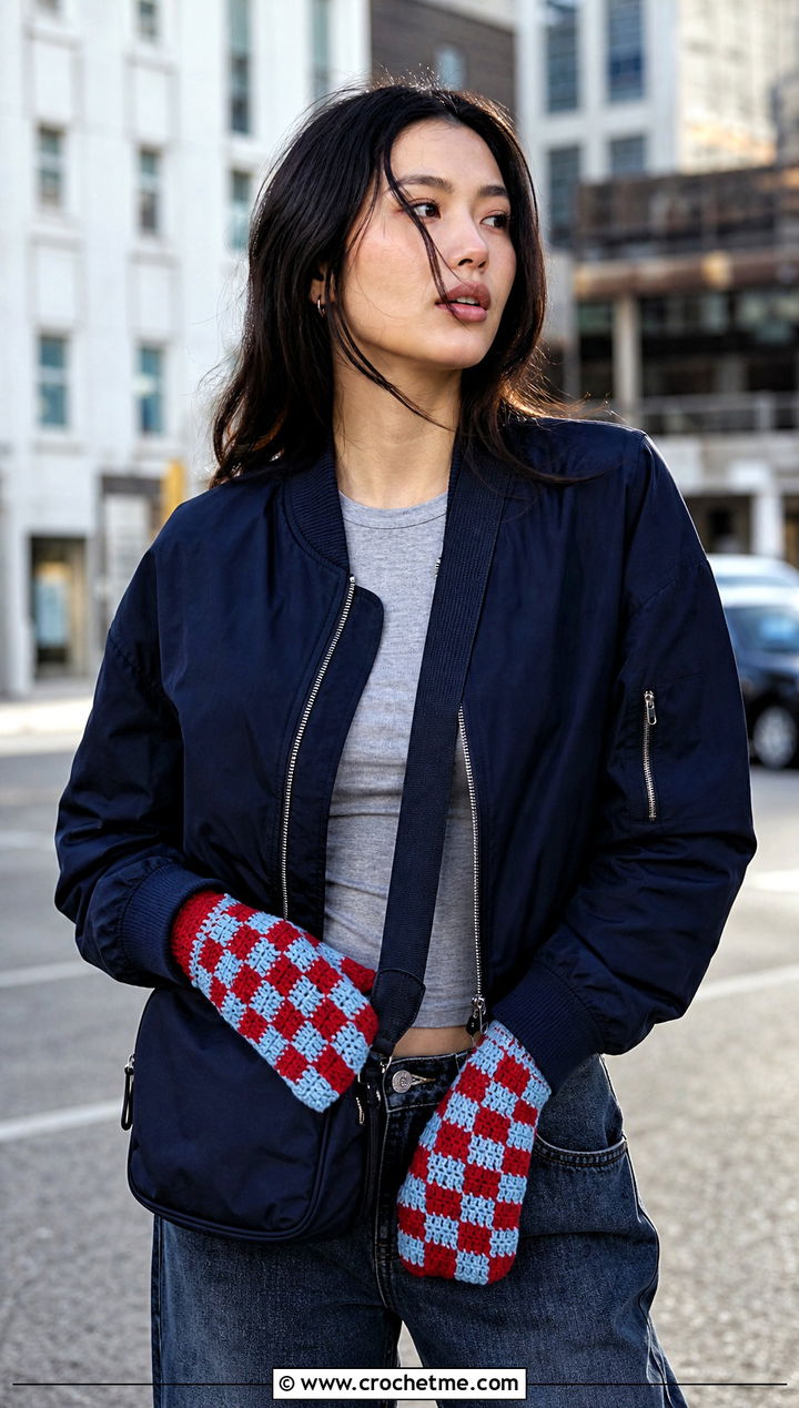 Checkerboard Crochet Gloves With Bomber Jacket - 30 aesthetic crochet gloves outfit ideas