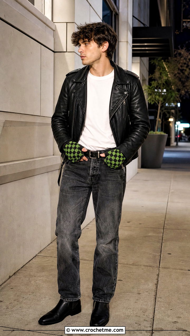 Checkerboard Crochet Gloves With Leather Jacket - 35 men crochet gloves outfit ideas