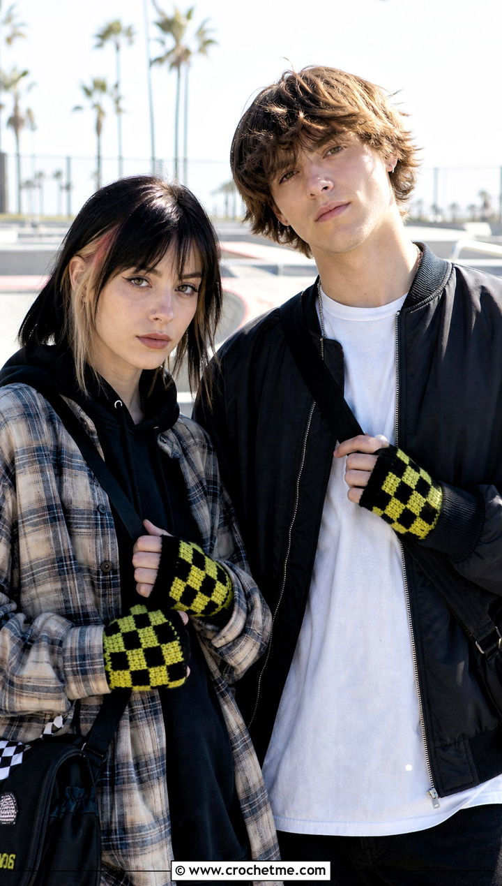 Checkerboard Crochet Gloves With Skate Outfits - 25 Crochet Gloves For Couples outfit ideas