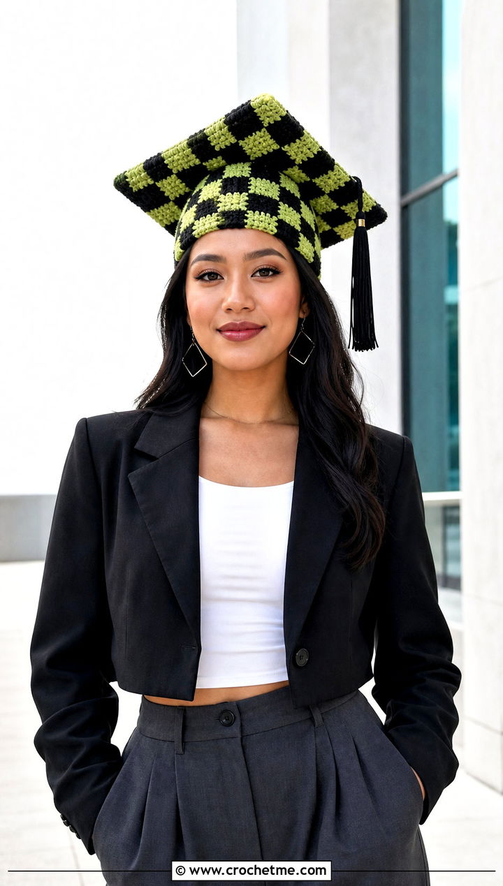 Checkerboard Crochet Graduation Cap Cover With Wide Leg Trousers - 30 crochet graduation cap cover outfit ideas