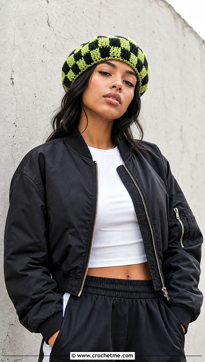 Checkerboard Crochet Granny Square Beret With Bomber Jacket And Track Pants - 25 Crochet Granny Square Beret outfit ideas