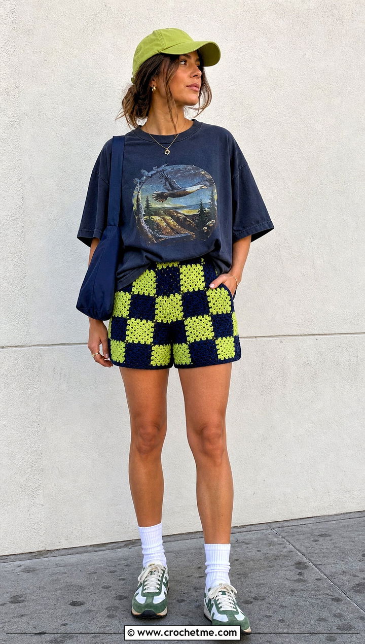 Checkerboard Crochet Granny Square Shorts With Graphic Tee - 35 crochet granny square shorts outfit ideas